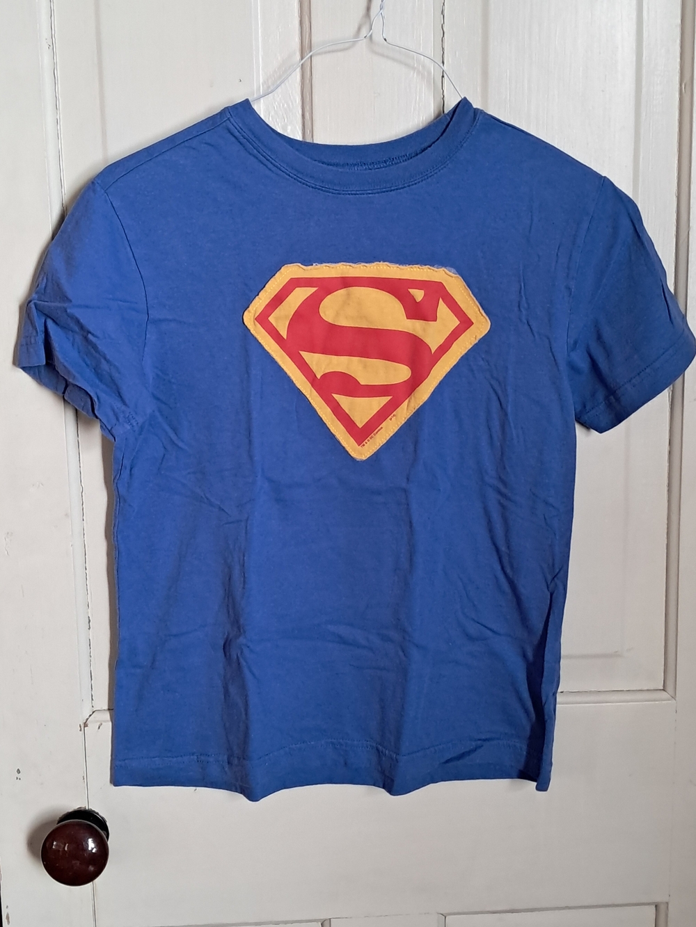 Crazy 8 Blue Short Sleeve Tee with Red and Yellow Superhero Emblem